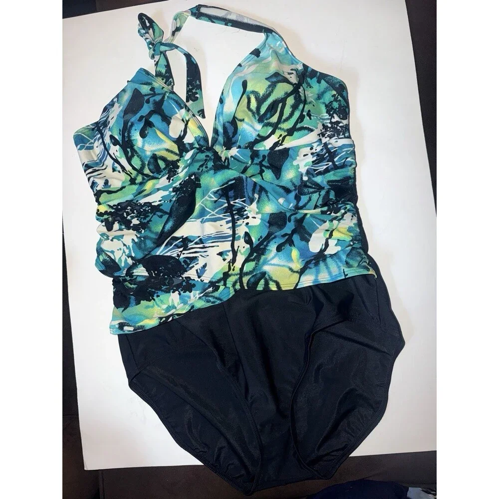 Fantasizer Swimsuit Womens Sz 16 One Piece Floral Halter Top Tummy Control